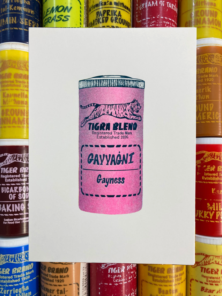 A5 risograph print in 2-3 colours of a spice container for Gay Pride