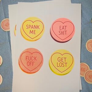 A3 risograph print of insulting love hearts candy in yellow, red and fluorescent pink.