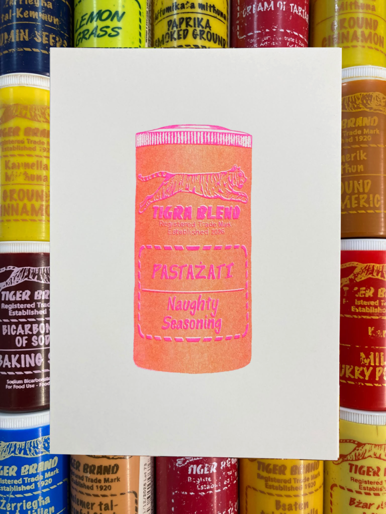 A5 risograph print in 2 colours of a spice container for Gay Pride